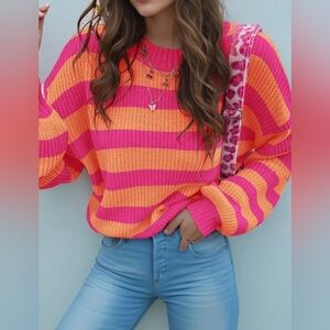 Loose-Fitting Striped Sweater with a Drop Shoulder Colorful Knit Sweater